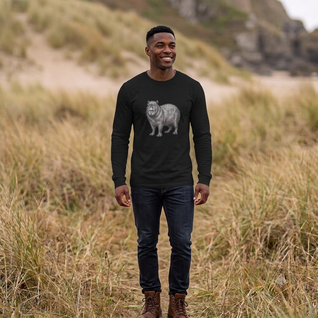 Printify Capybara long sleeve T-shirt with wildlife graphic, featuring a detailed capybara illustration on a soft fabric background.