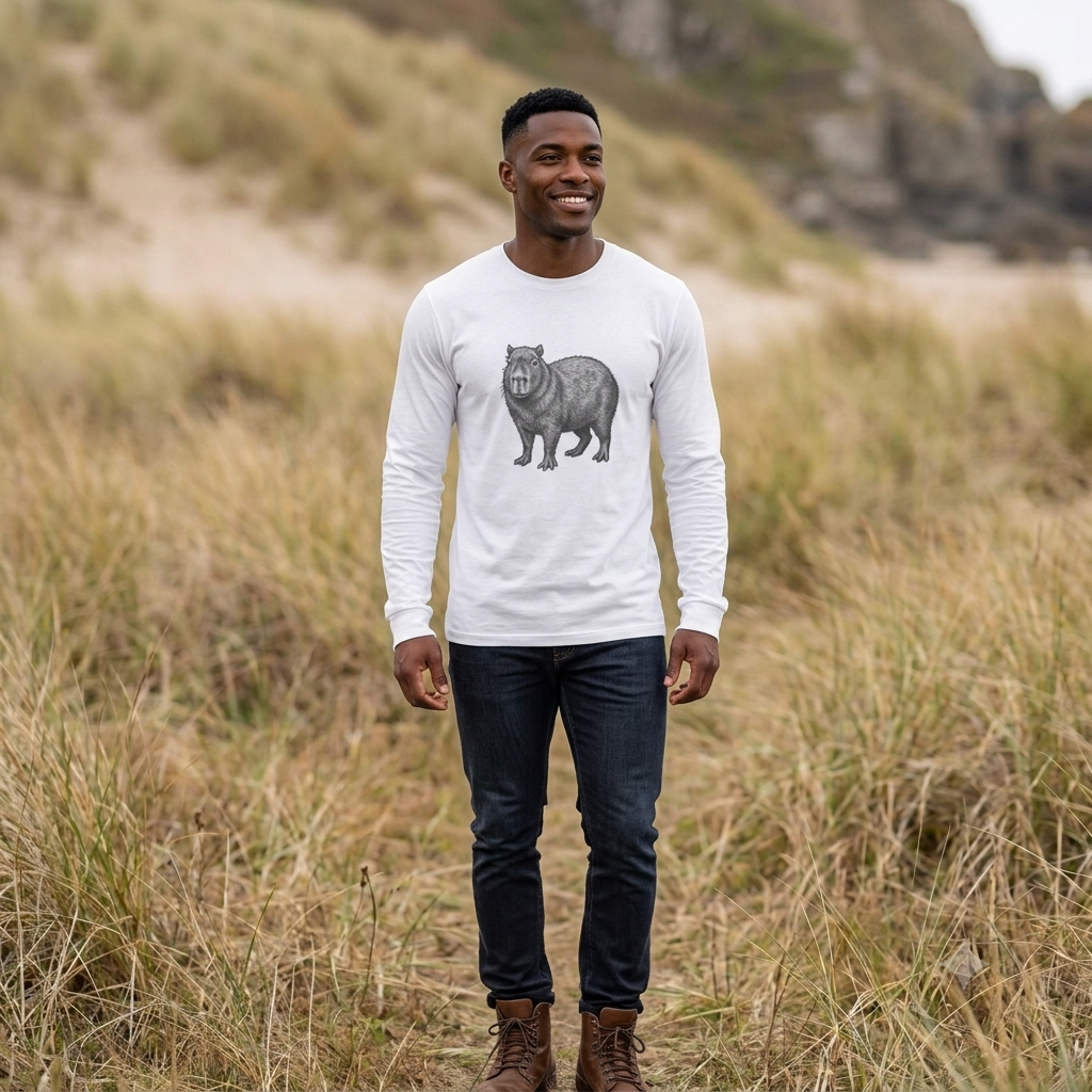 Printify Capybara long-sleeve wildlife graphic T-shirt from WyldeLife collection featuring a detailed capybara illustration.