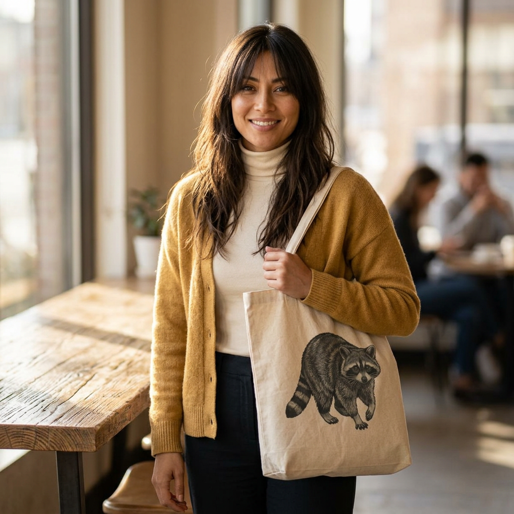 Canvas tote bag featuring a vintage raccoon wildlife print, eco-friendly design by Printify, ideal for shopping or everyday use.