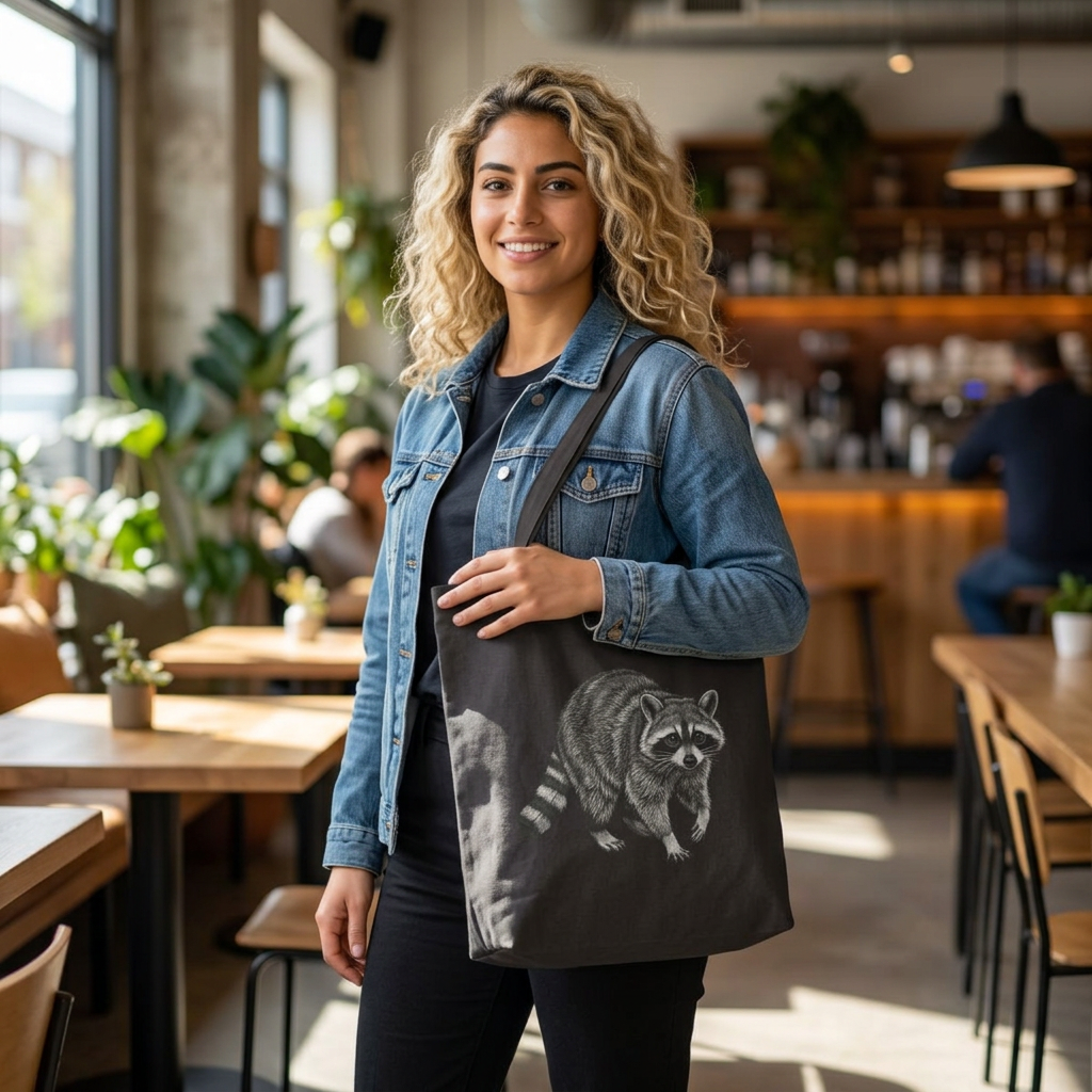 Vintage raccoon print canvas tote bag by Printify, eco-friendly wildlife-themed shopper with durable handles and spacious interior.