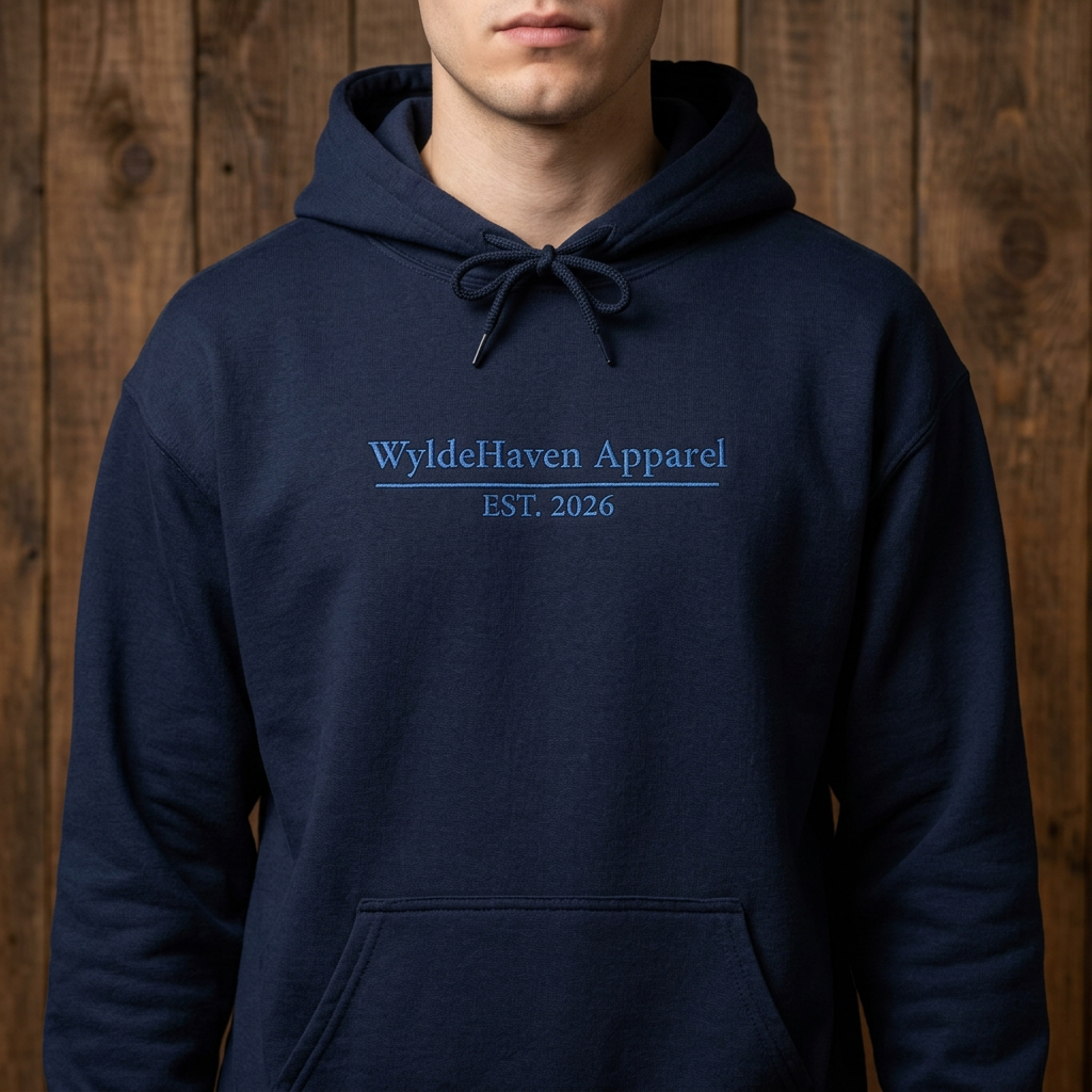 WyldeHaven Apparel Signature Embroidered Hoodie by Printify featuring detailed embroidery on a cozy hoodie.