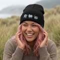 Black knit beanie with embroidered Wyldelife Animal Trio design, cozy winter hat for animal lovers and hat enthusiasts.