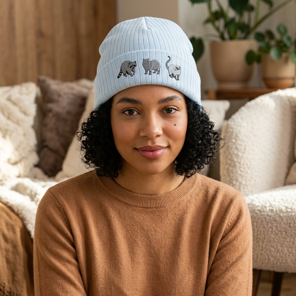 Black ribbed knit beanie with embroidered Wyldelife animal trio design, cozy winter hat for animal lovers by Printify.