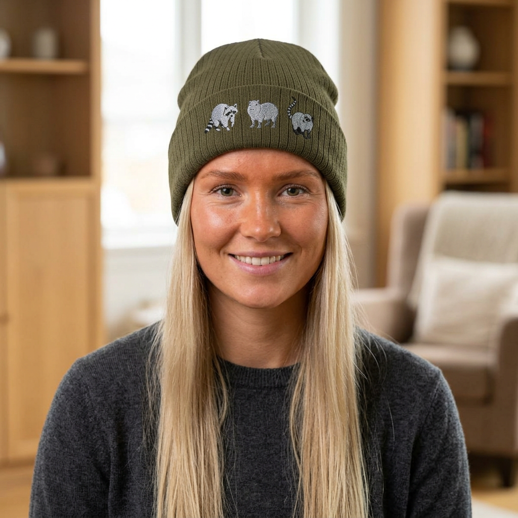 Black embroidered Wyldelife Animal Trio knit beanie hat by Printify, featuring colorful animal designs for animal lovers.