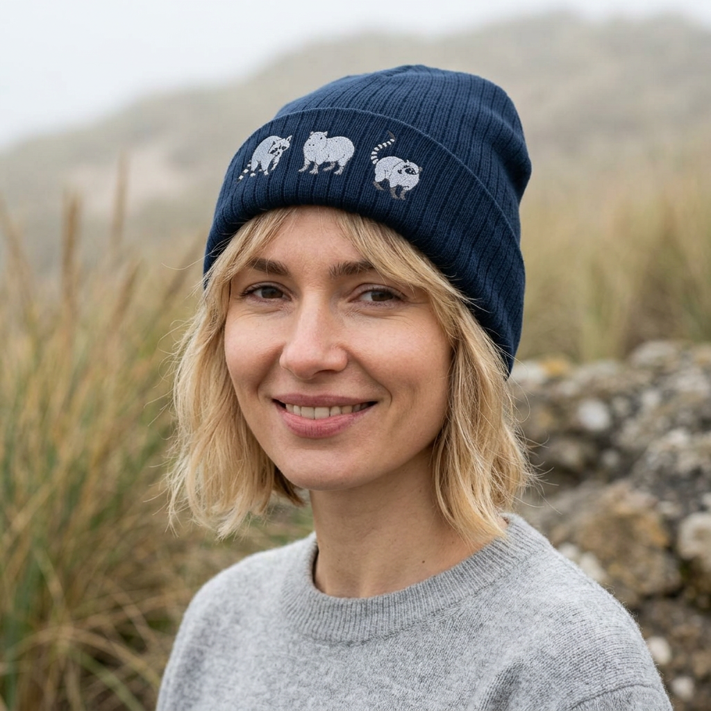 Black knit beanie hat with embroidered Wyldelife animal trio design, cozy winter hat for animal lovers by Printify