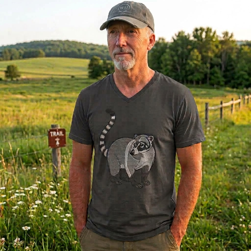 Charcoal Wyldelife Coati V-Neck T-Shirt with wildlife graphic print, made by Printify, featuring a detailed animal illustration.