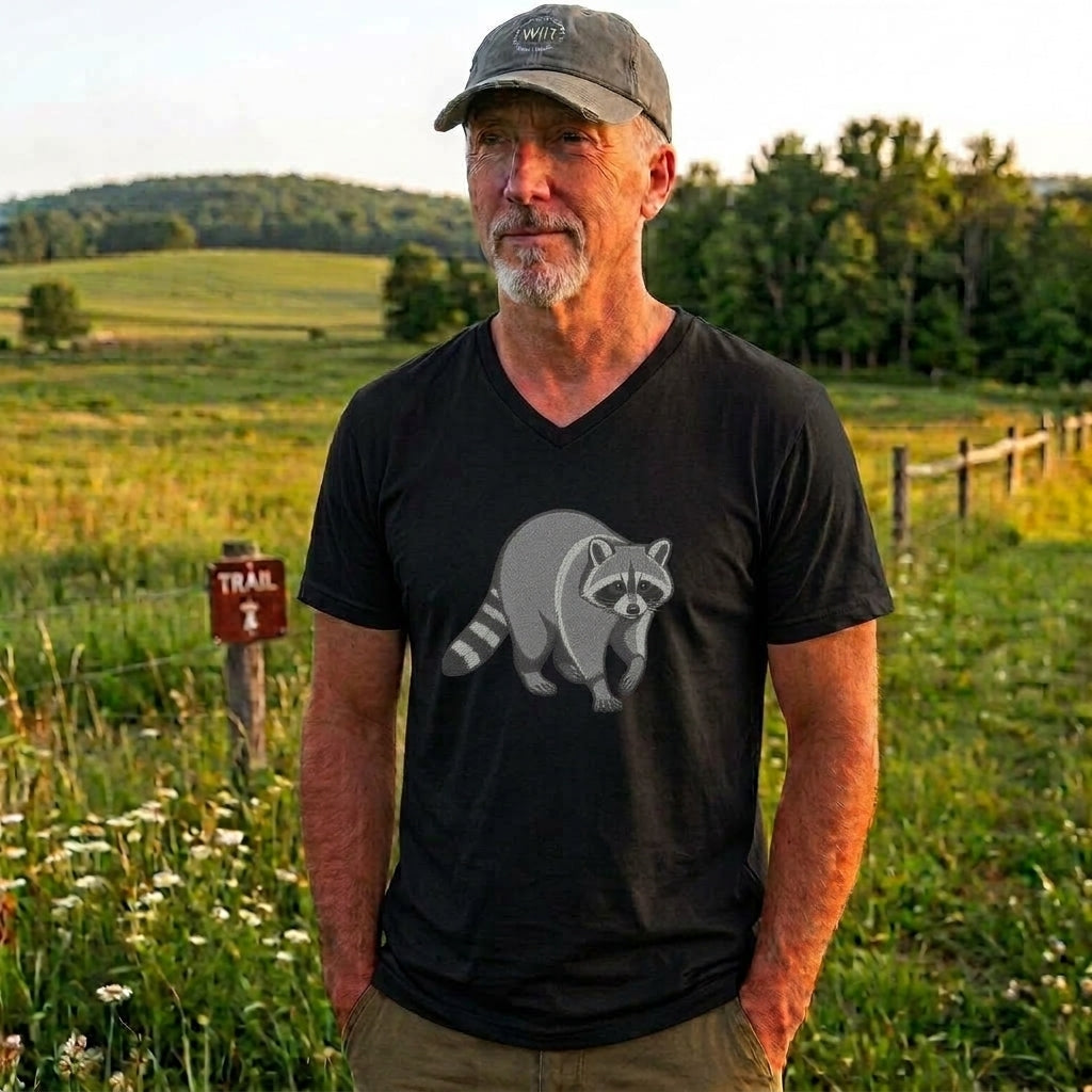 Raccoon V-Neck T-Shirt by Wyldelife Wildlife featuring a graphic raccoon design on a comfortable printify tee.