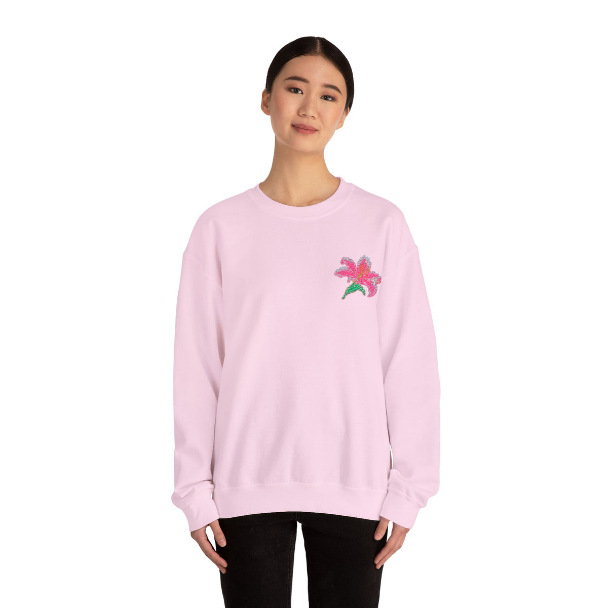Unisex embroidered lily sweatshirt with floral design on the left chest, featuring a comfortable fit and stylish print.