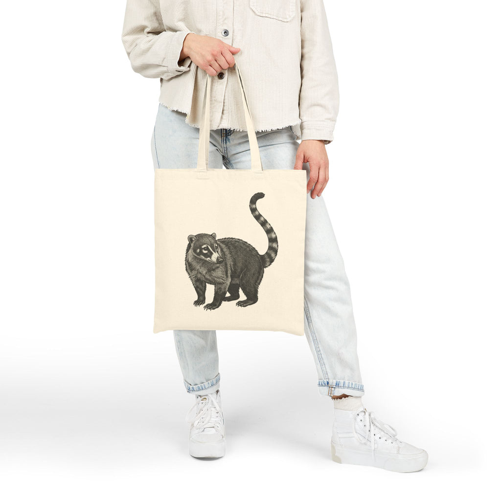 Coati tote bag from Wyldelife Collection featuring detailed wildlife illustration, made by Printify, with a natural fabric appearance.