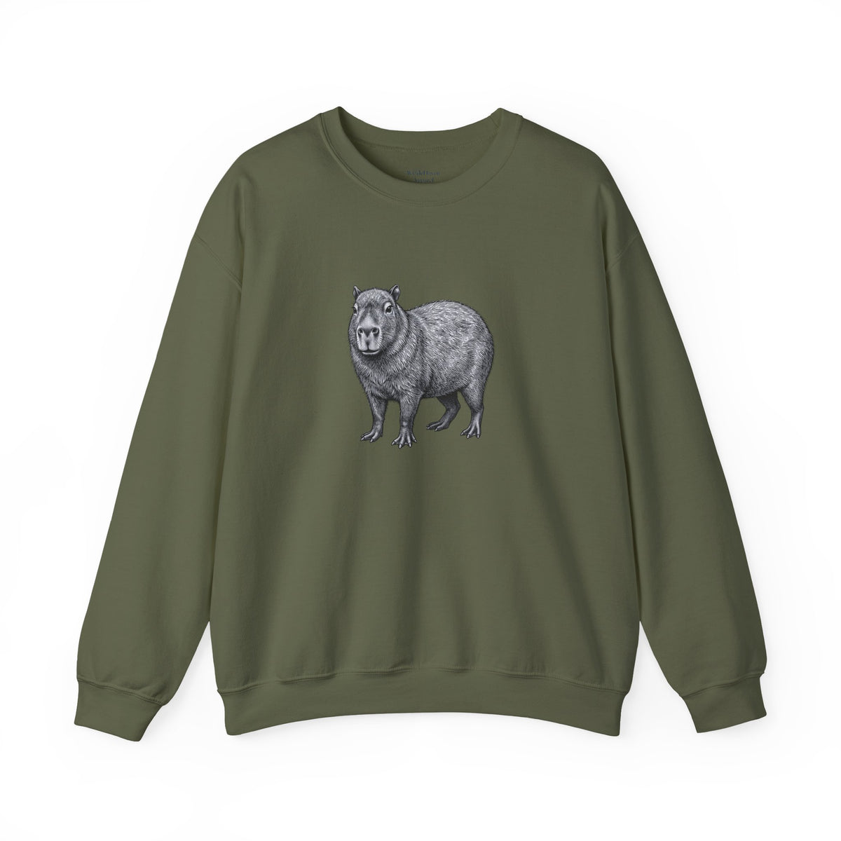 Capybara graphic sweatshirt from the Wyldelife Collection featuring original wildlife art by Printify.