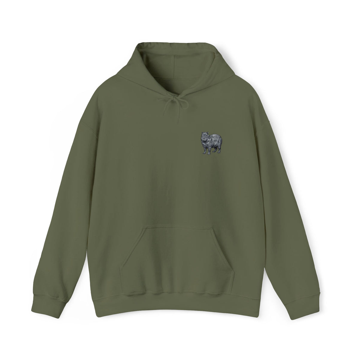Capybara embroidered hoodie from Wyldelife Collection featuring wildlife design in soft fabric, black hoodie with detailed embroidery.