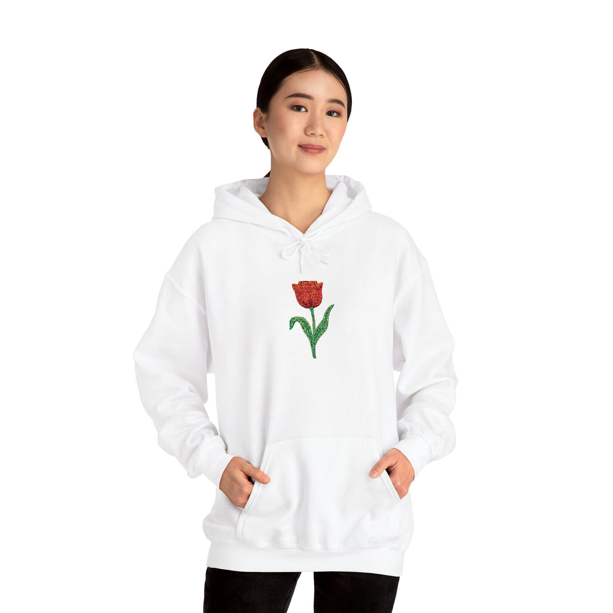 Red embroidered tulip hoodie by Printify featuring a center front floral design and cozy fabric.