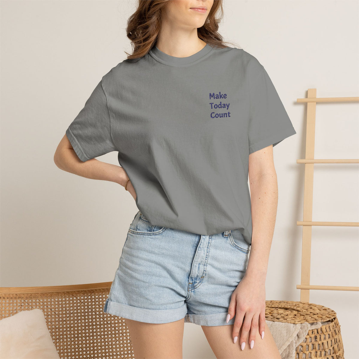 Minimal white Make Today Count T-Shirt by Printify featuring a small inspirational pocket design on the chest.
