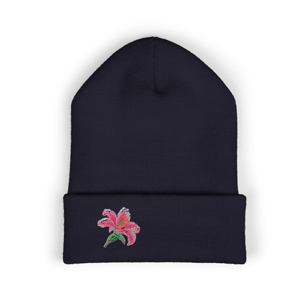 Pink Lily embroidered beanie hat with floral embroidery, soft cuffed knit winter hat by WyldeHaven Apparel, designed for everyday warmth.