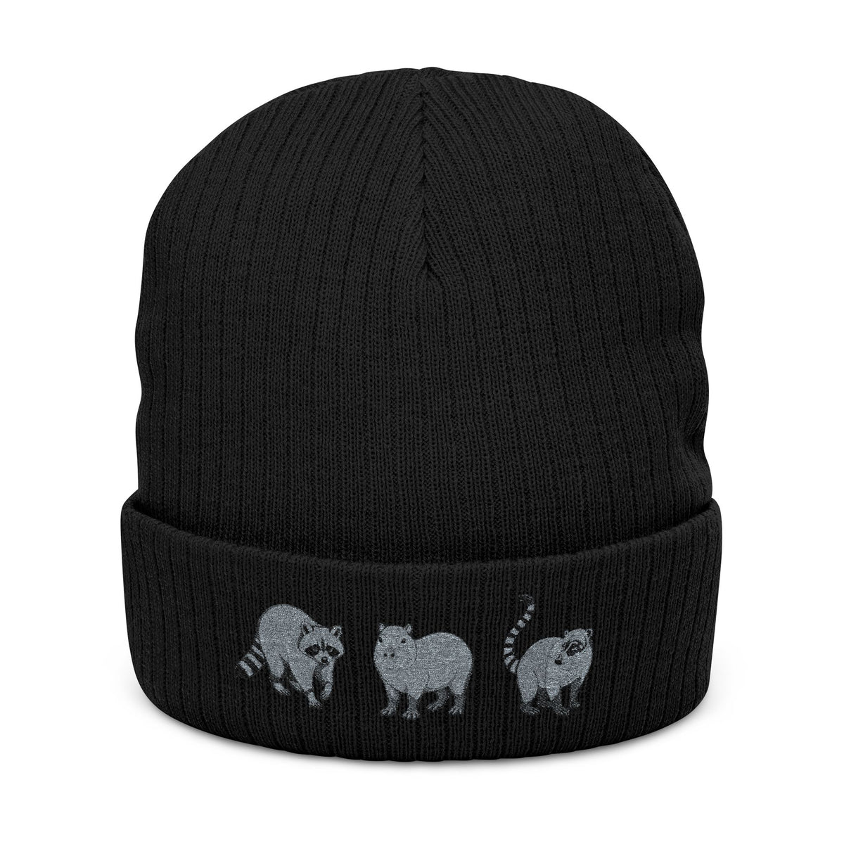 Black embroidered Wyldelife Animal Trio ribbed knit beanie hat, cozy winter accessory for animal lovers from Printify.