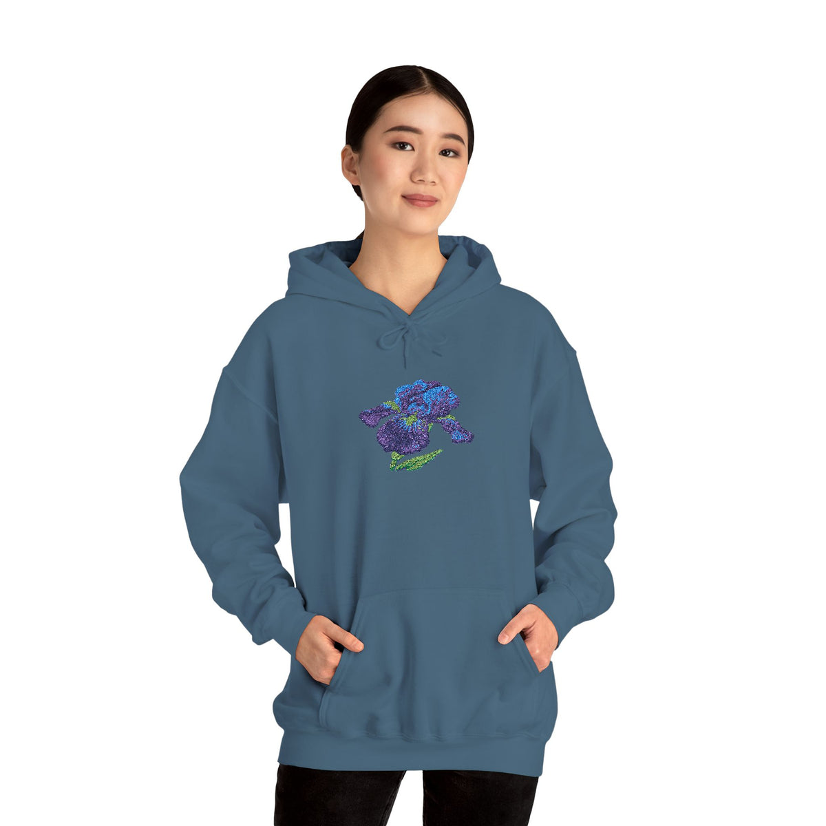 Embroidered iris flower hoodie by Printify featuring a center front floral embroidery on a casual hoodie.