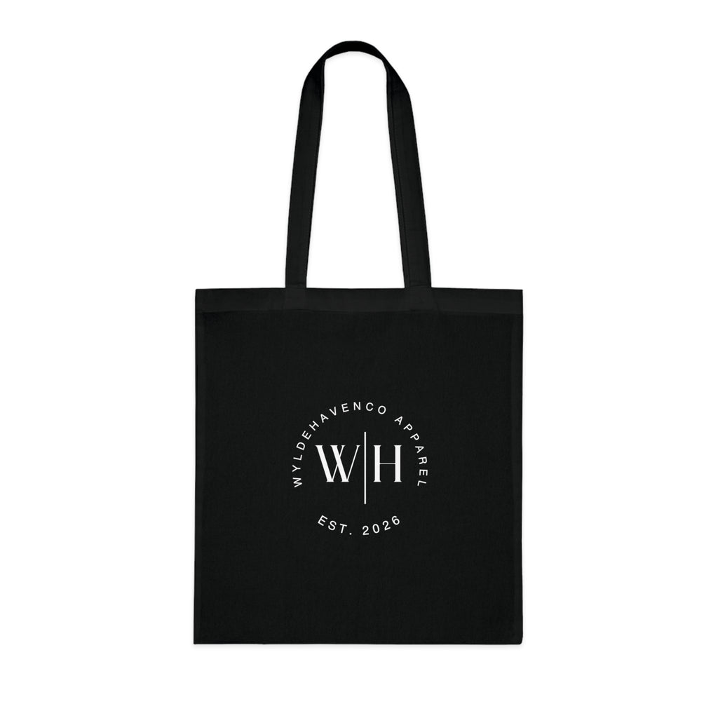 White canvas tote bag with printify monogram circle logo, featuring sturdy cotton material and casual tote bag design.