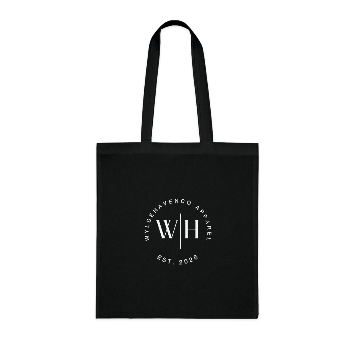 White canvas tote bag with printify monogram circle logo, featuring sturdy cotton material and casual tote bag design.