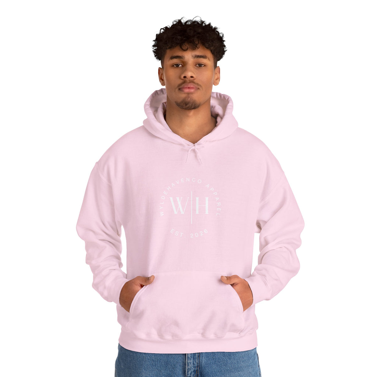WyldeHaven Apparel Monogram Circle Hoodie featuring Est. 2026 logo, comfortable sweatshirt with printed monogram design.