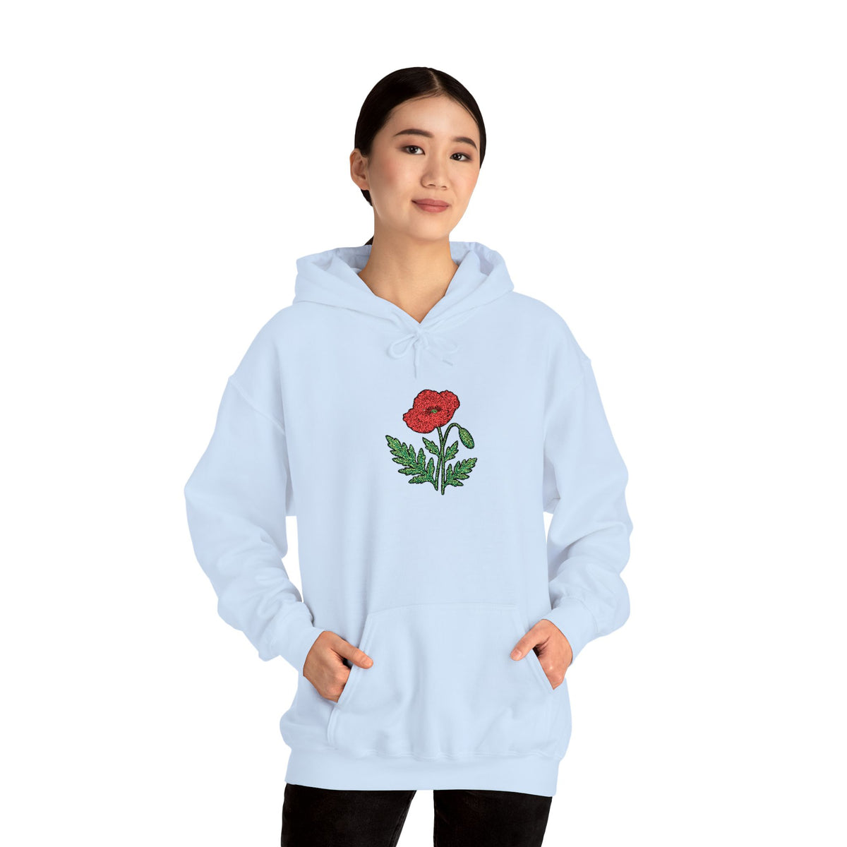 Red hoodie by Printify featuring embroidered red poppy floral design on the center front, casual and stylish apparel.