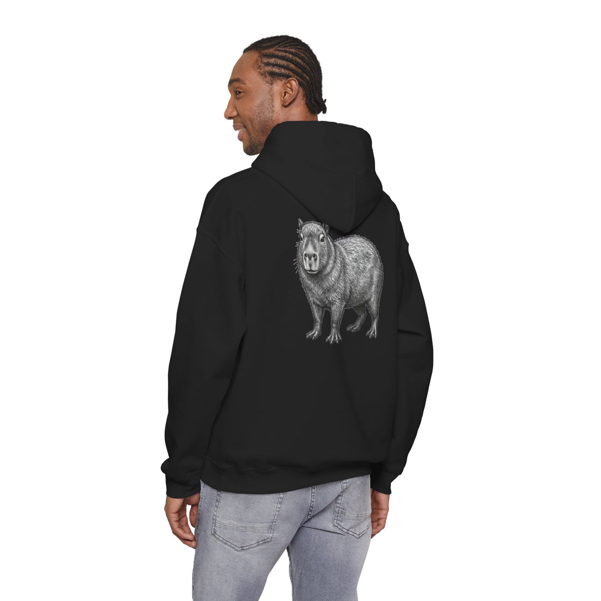 Printify wildlife hoodie featuring a large capybara graphic back print from Wyldelife Collection, casual unisex hoodie for wildlife lovers.