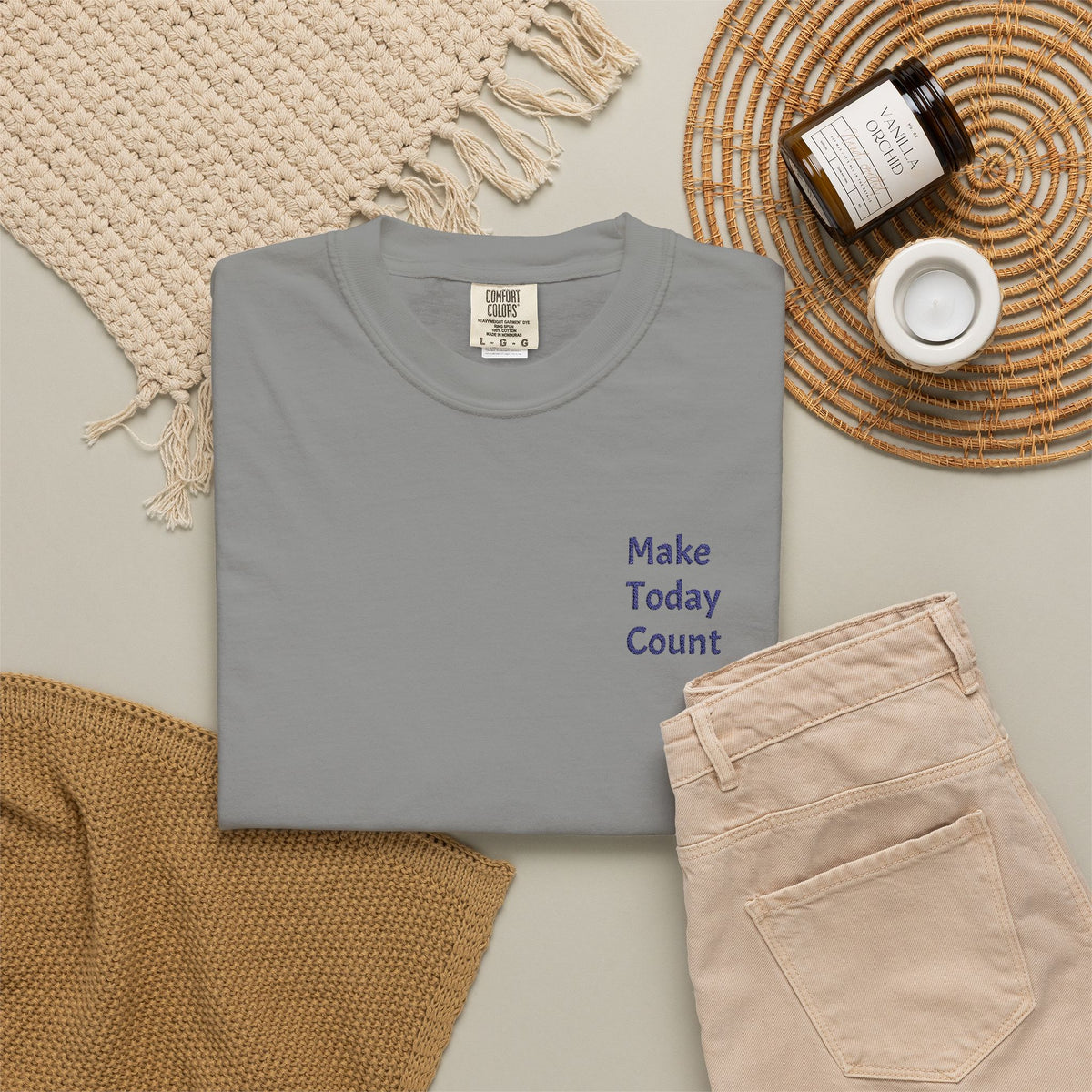 Minimal inspirational Make Today Count T-Shirt by Printify featuring a simple pocket design on a comfortable cotton tee.