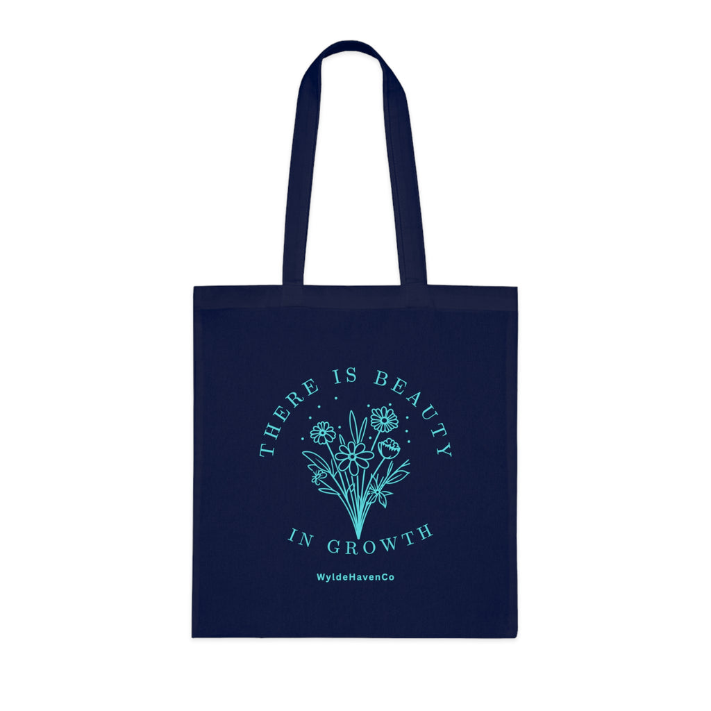 Floral cotton tote bag with inspirational "There Is Beauty In Growth" slogan, eco-friendly tote bag by Printify.