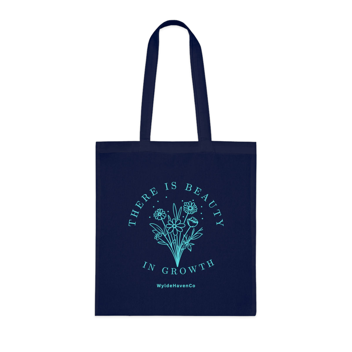 Floral cotton tote bag with inspirational "There Is Beauty In Growth" slogan, eco-friendly tote bag by Printify.