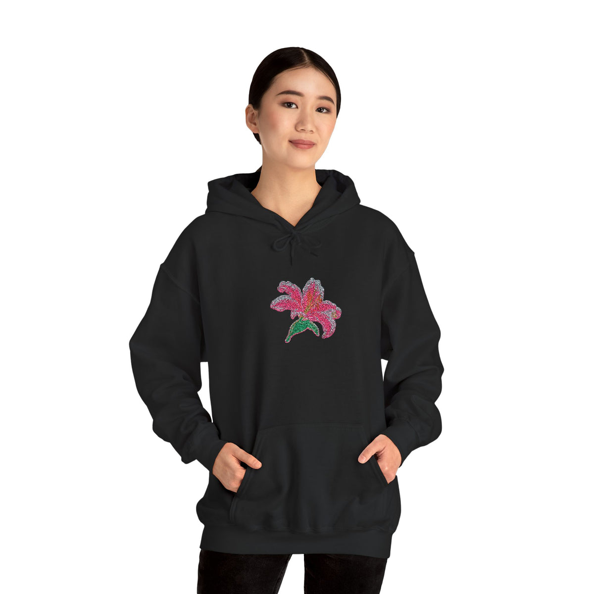 Printify embroidered hoodie featuring a central lily flower floral design on the front, showcasing detailed floral embroidery.