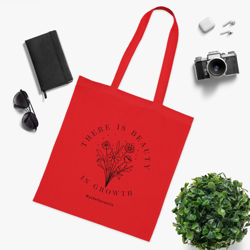 Floral cotton tote bag with "There Is Beauty In Growth" quote, stylish eco-friendly bag by Printify for everyday use