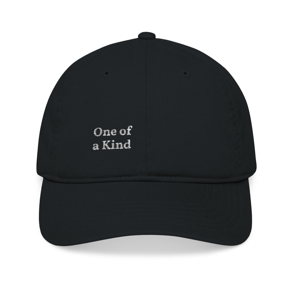 Organic embroidered baseball cap with "One of a Kind" design, casual minimal style by Printify, shown from front view.