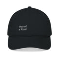 Organic embroidered baseball cap with "One of a Kind" design, casual minimal style by Printify, shown from front view.