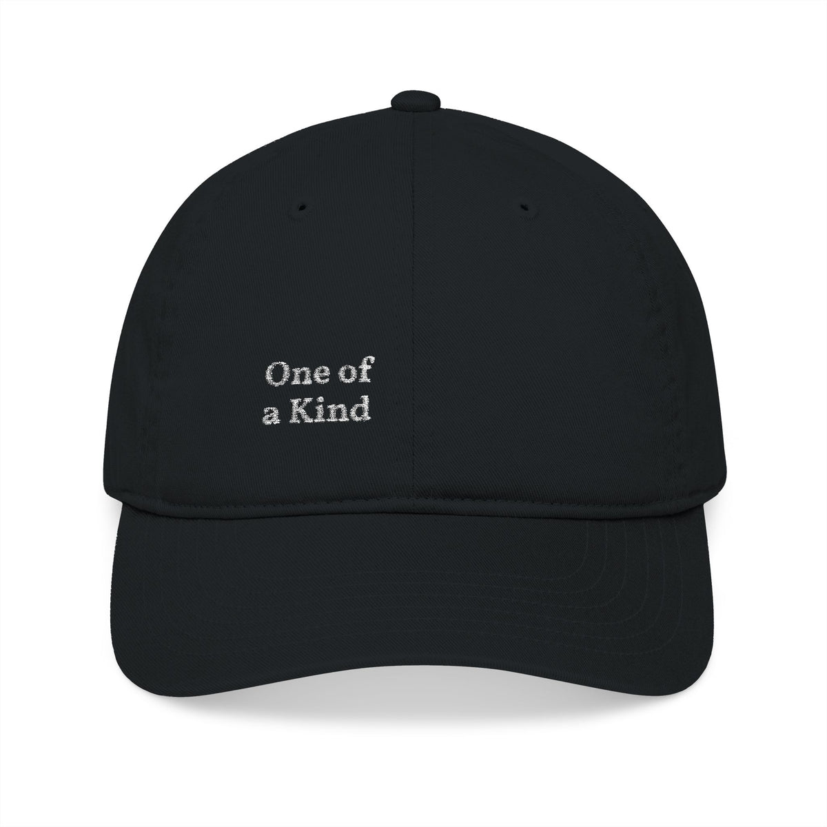 Organic embroidered baseball cap with "One of a Kind" design, casual minimal style by Printify, shown from front view.