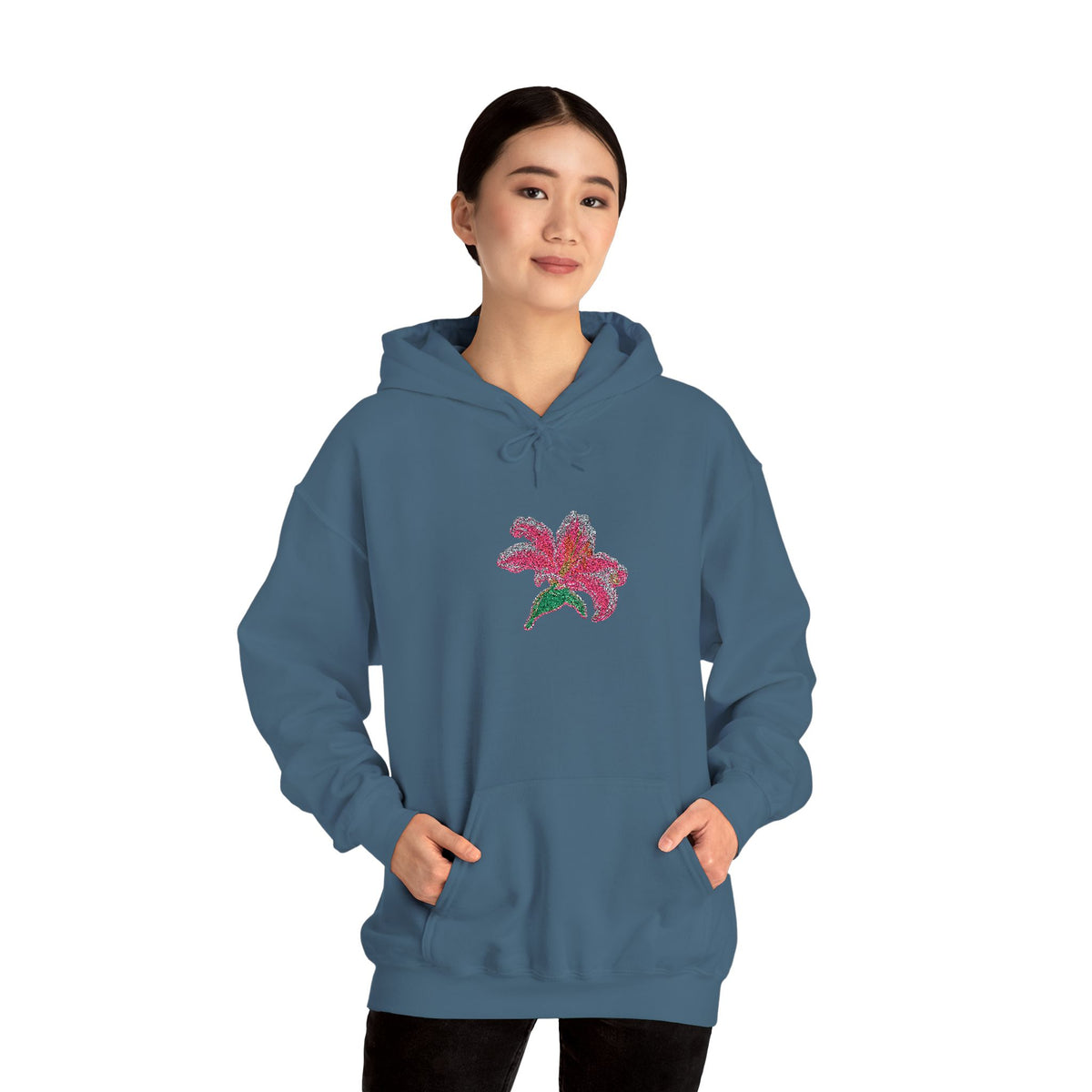 Embroidered Lily Flower Hoodie by Printify featuring a center front floral design on a cozy casual hoodie.