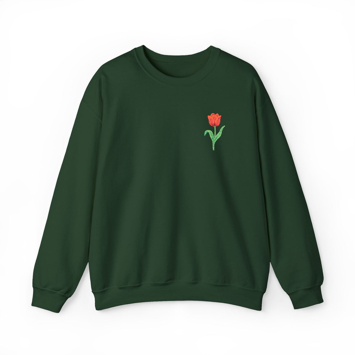 Unisex embroidered tulip sweatshirt with floral design on the left chest, by Printify, made of soft fabric.