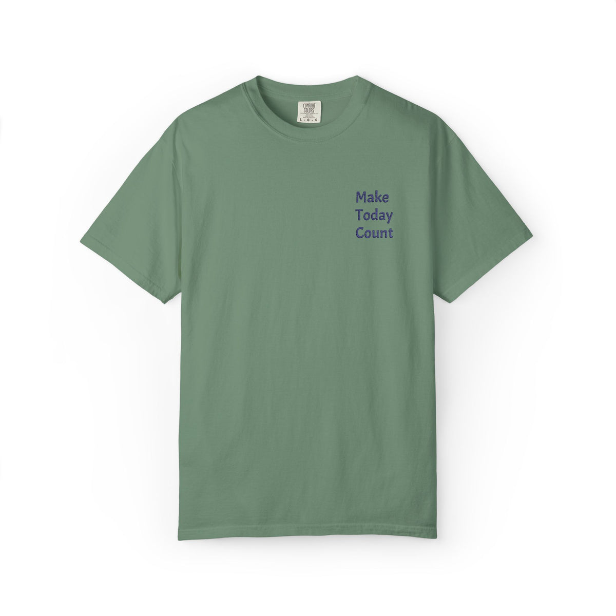 White Make Today Count T-Shirt by Printify featuring a minimal inspirational design on the pocket.