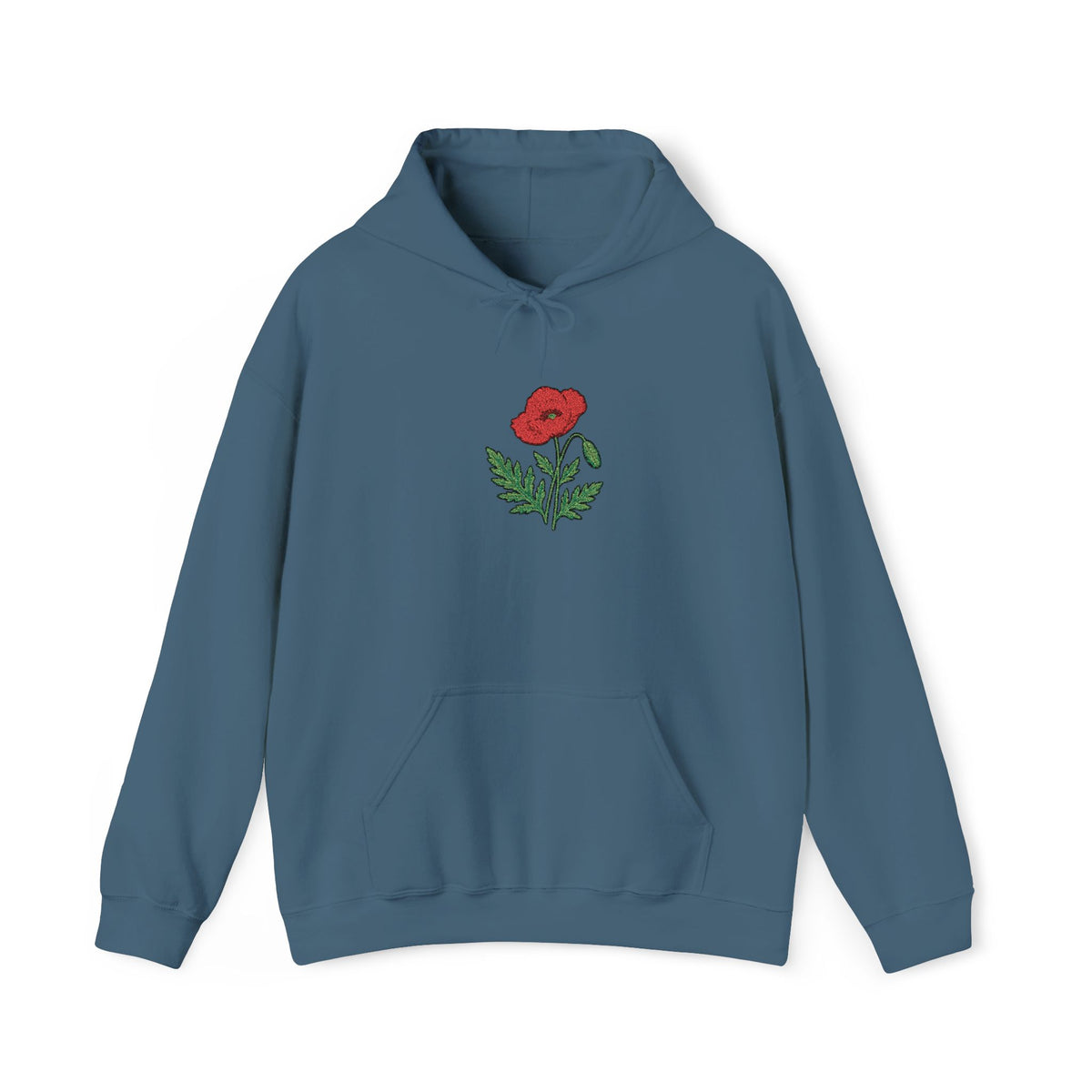 Red hoodie by Printify featuring embroidered red poppy floral design on the front, casual and comfortable sweatshirt.