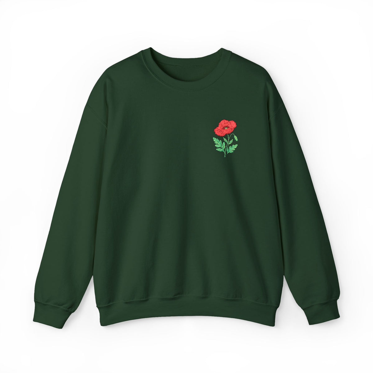 Unisex embroidered sweatshirt with floral poppy design on the left chest, featuring comfortable fabric and casual style.