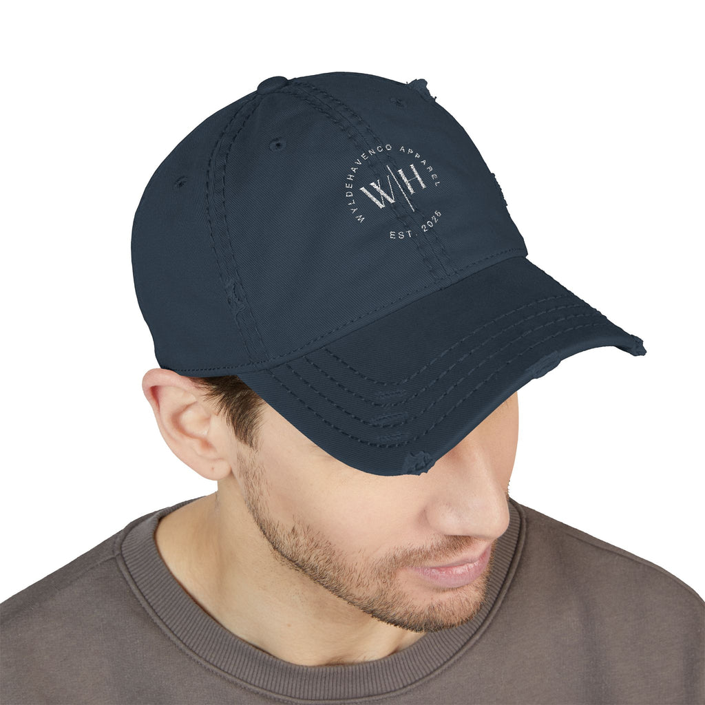 Distressed embroidered dad hat with vintage washed finish, casual baseball cap style from Printify, showing front embroidery and distressed fabric.