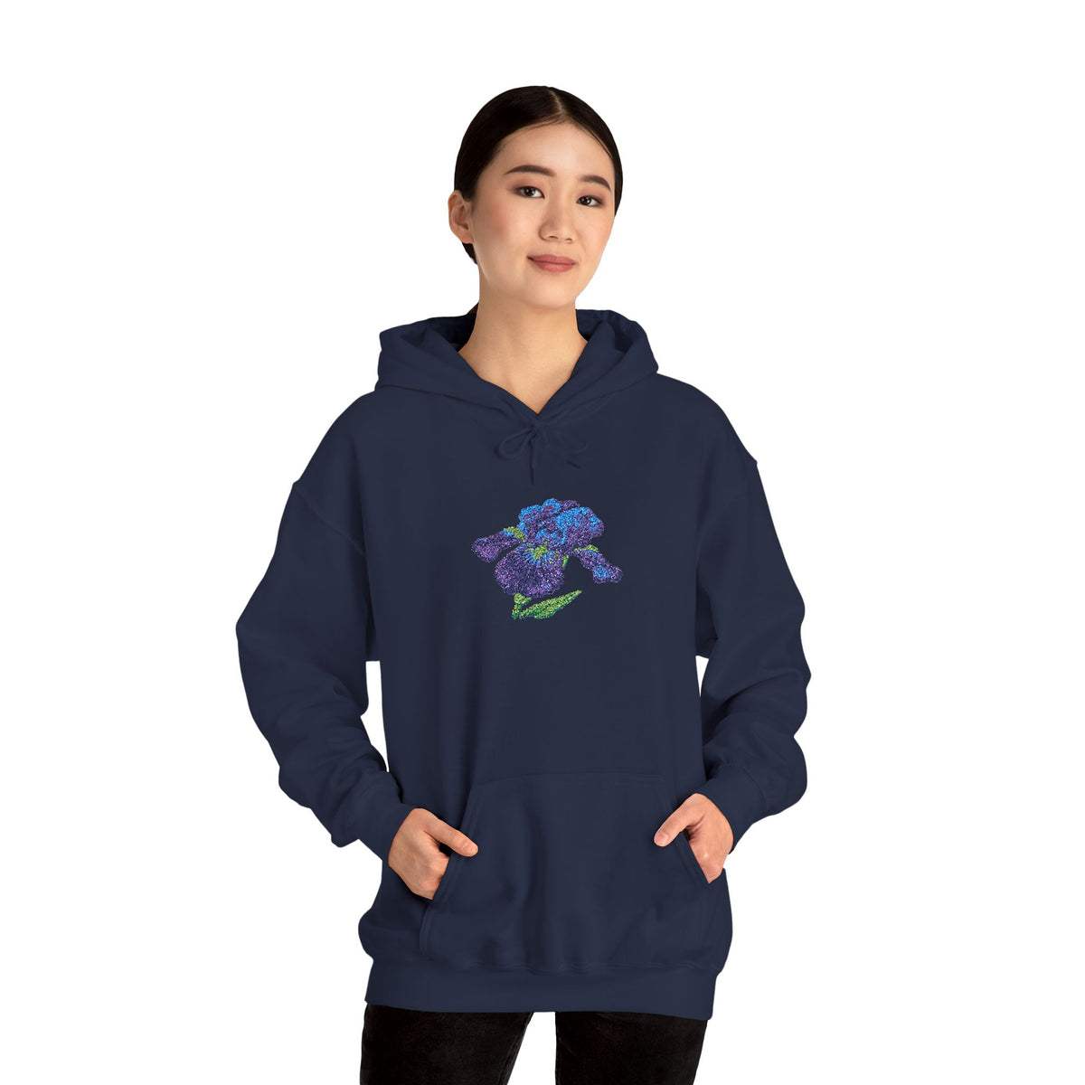 Embroidered iris flower hoodie with a center front floral design by Printify, featuring colorful blooming flower embroidery on a casual hoodie.