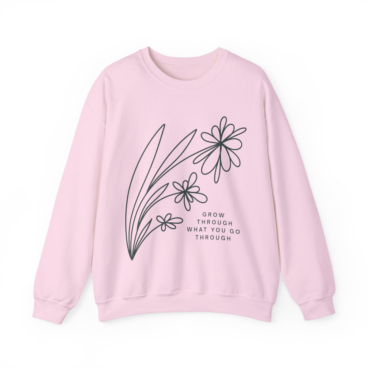 Printify crewneck sweatshirt with floral design and motivational quote "Grow Through What You Go Through" on soft fabric.