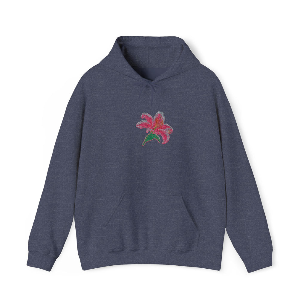 Embroidered Lily Flower Hoodie by Printify featuring a center front floral embroidery design on a casual hoodie.