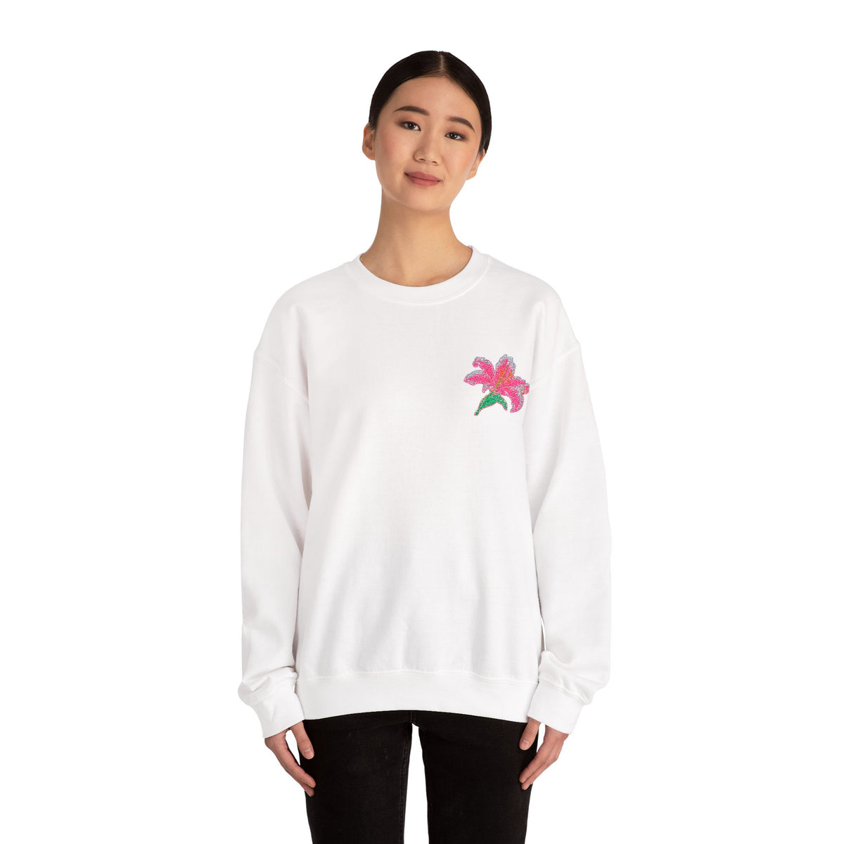 Unisex embroidered lily sweatshirt by Printify with floral design on the left chest, casual jumper for everyday wear.