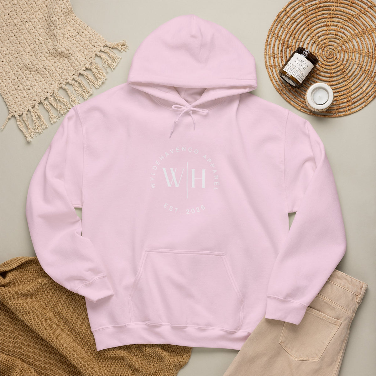 WyldeHaven Apparel Monogram Circle Hoodie with Est. 2026 logo, featuring a comfortable sweatshirt with printed monogram design.