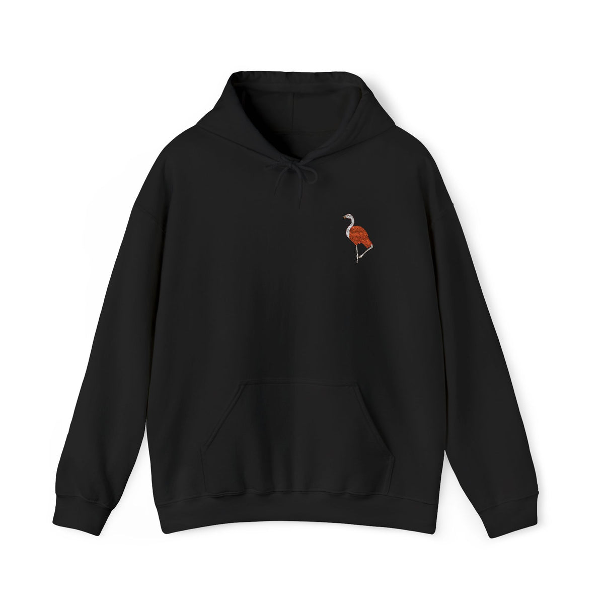 Pink flamingo embroidered hoodie from Wyldelife Collection featuring wildlife embroidery on a unisex Printify hoodie.