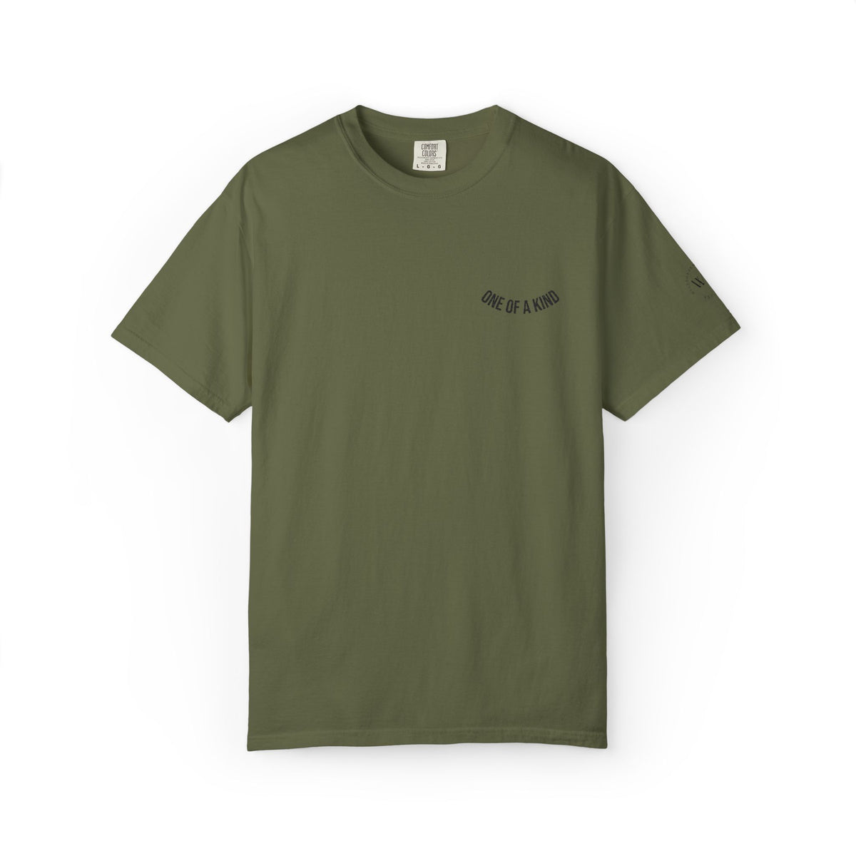 Black "One of a Kind" Chest Logo T-Shirt by Printify featuring a minimalistic logo on the front, casual fit, and soft cotton fabric.