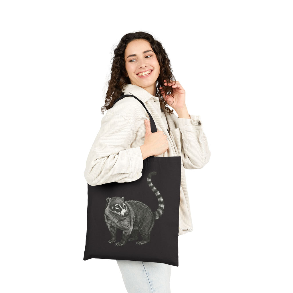 Printify Coati Tote Bag with detailed wildlife illustration from Wyldelife Collection, showcasing vibrant animal artwork on a durable bag.