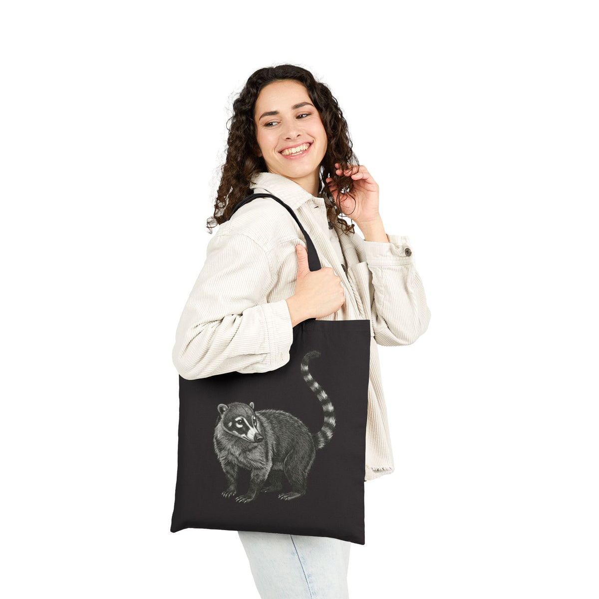 Printify Coati Tote Bag with detailed wildlife illustration from Wyldelife Collection, showcasing vibrant animal artwork on a durable bag.
