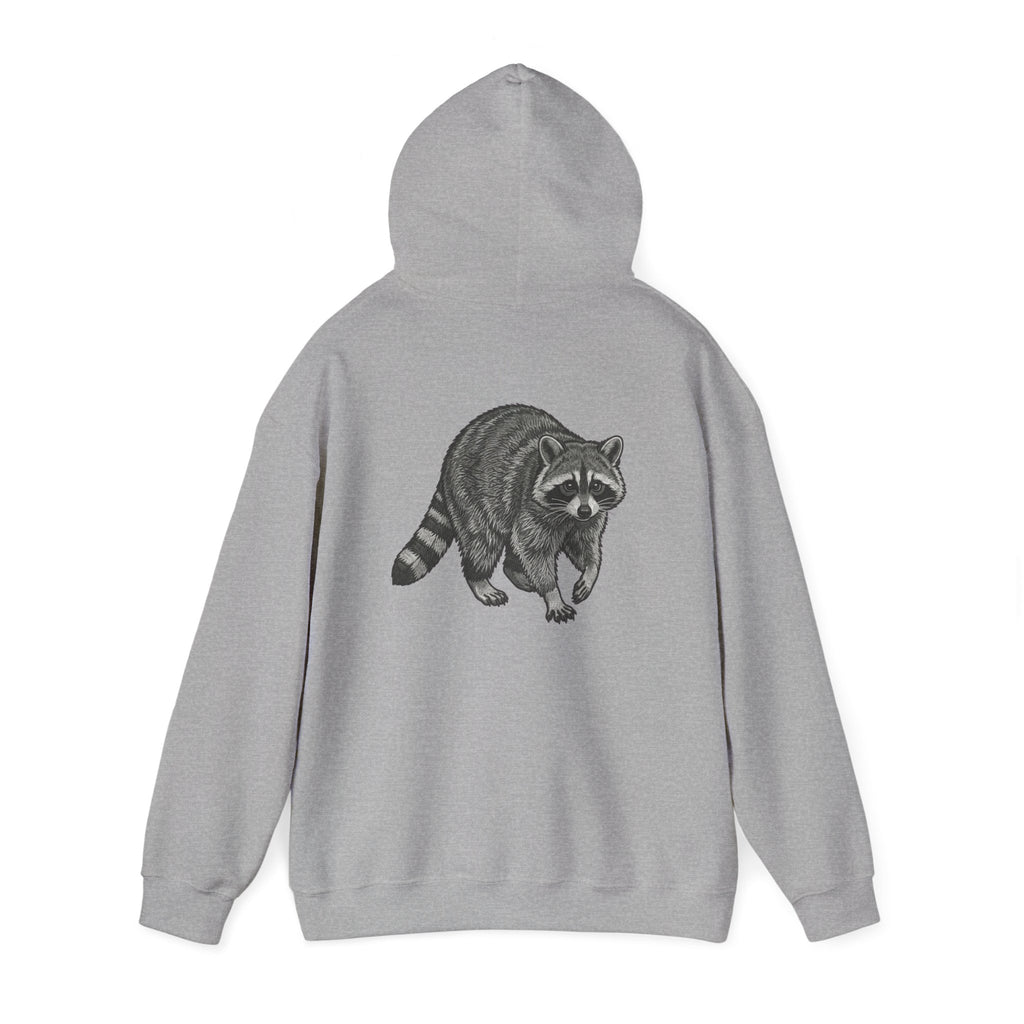 Raccoon graphic hoodie with vintage wildlife illustration, black hooded sweatshirt by Printify featuring detailed animal artwork.