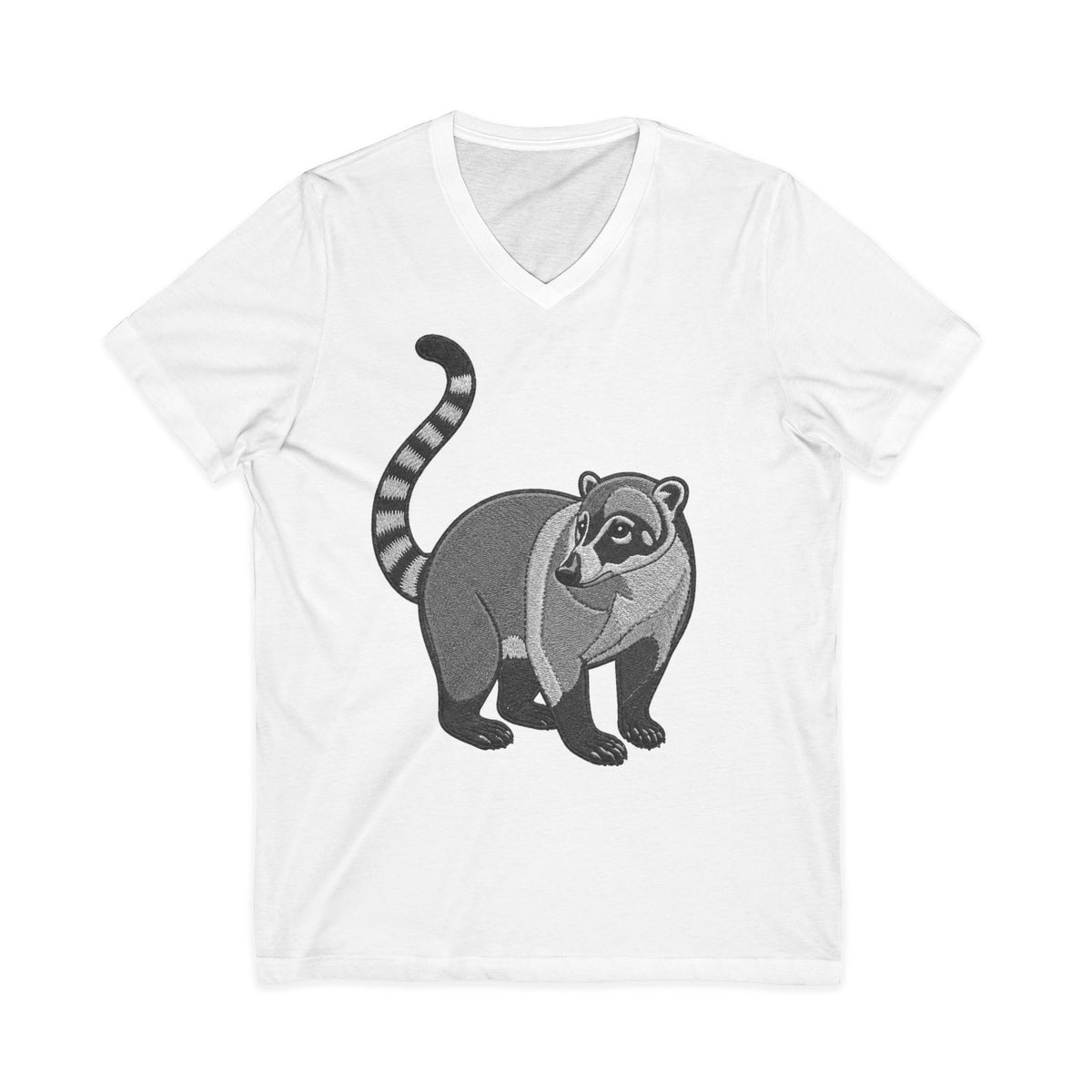 Charcoal Wyldelife Coati V-Neck T-Shirt with wildlife graphic by Printify, featuring a detailed coati illustration on soft fabric.